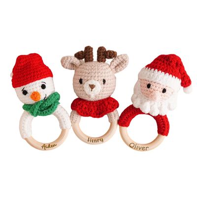 Personalized Christmas Crochet Rattle,Custom Baby Rattle with Name,Handmade Crochet Santa,Snowman and Reindeer Baby Toy Rattle,Christmas Gifts for Baby,Baby Shower Gifts (style2)