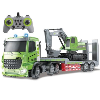 Fistone RC Semi-Trailer Truck & Excavator Toy Set, 1:12 Scale with Sound and Lights, 11CH 2.4Ghz Remote Control Flatbed Truck and Excavator Toys, Great Gift for Kids Boys