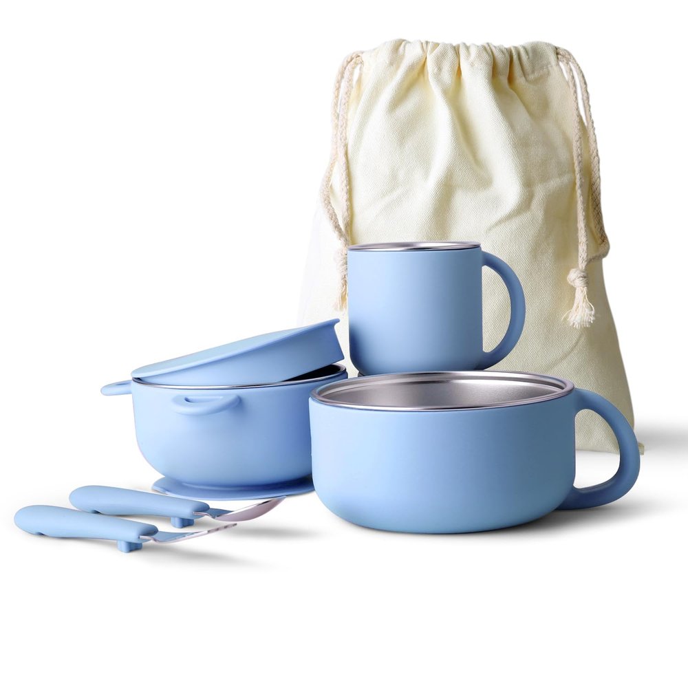 Bakpoco Kids Dinnerware Set - 6 Piese Toddler Plates and Suction Bowls Set with Kids Utensils&Cup, 2 IN 1 Stainless Steel & Silicone Baby Self Feeding Supplies, Blue