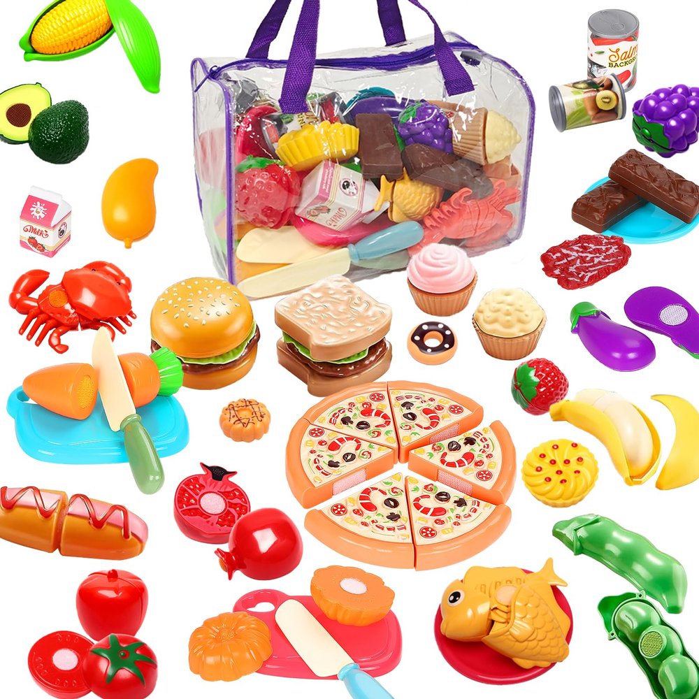 81PCS Cutting Play Food Sets for Kids Kitchen, Fake Food Toys with Storage Bag, Toy Food Set Pretend Food/Fruit/Vegetable Kids Play Kitchen Food Toys Christmas Birthday Gifts Toy for Toddler Children