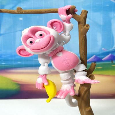 3D Printed Articulated Monkey Fidget Toy 2.75" Articulated Posable, 1 PC Hangable Monkey, Stands on Its Own for Fun Poses and Display -AM001-SMALL (White/Pink)