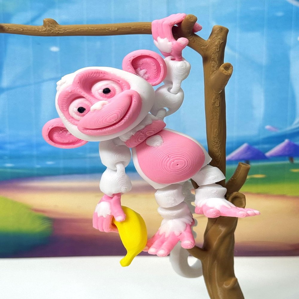 3D Printed Articulated Monkey Fidget Toy 2.75" Articulated Posable, 1 PC Hangable Monkey, Stands on Its Own for Fun Poses and Display -AM001-SMALL (White/Pink)