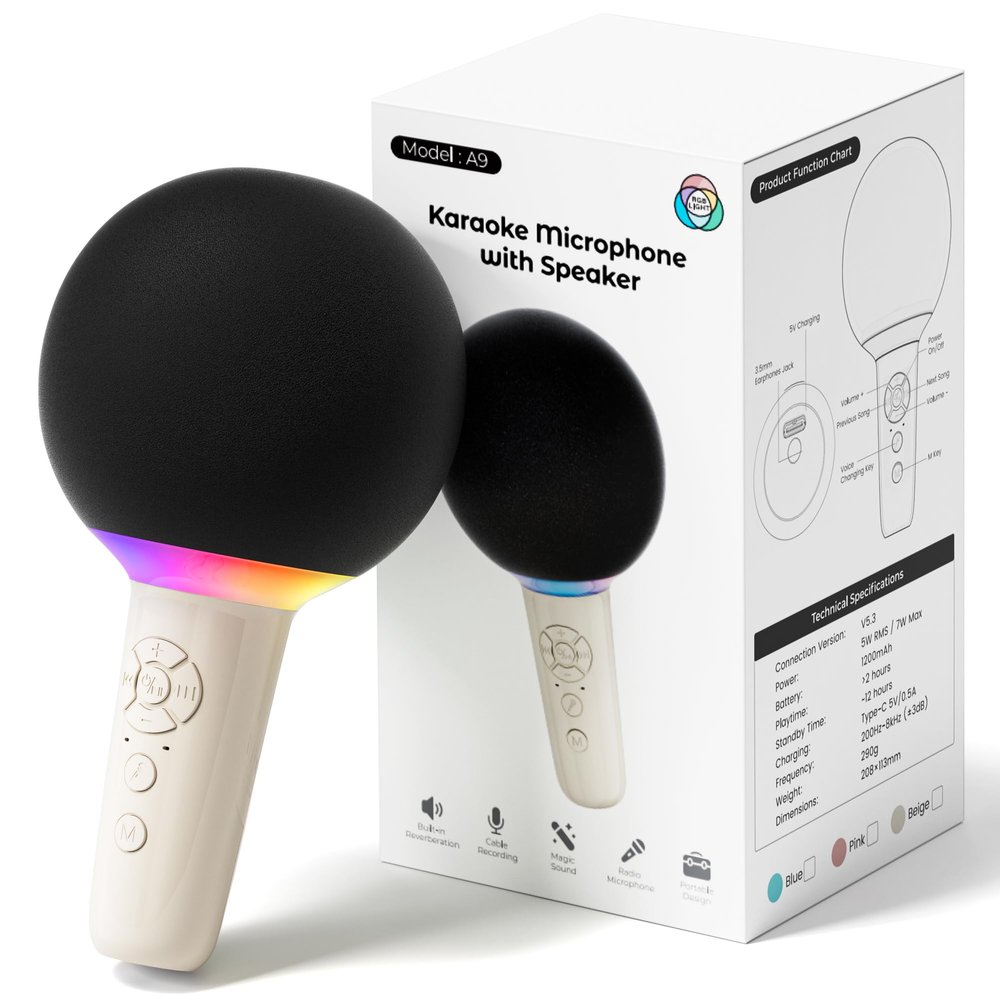 Wireless Bluetooth Karaoke Microphone for Kids, Portable Handheld Karaoke Mic Speaker Toys with LED Light, Best Christmas Birthday Festival Party Gift for 3 4 5 6 7 8 9+ Year Old Girls Boys (Beige)