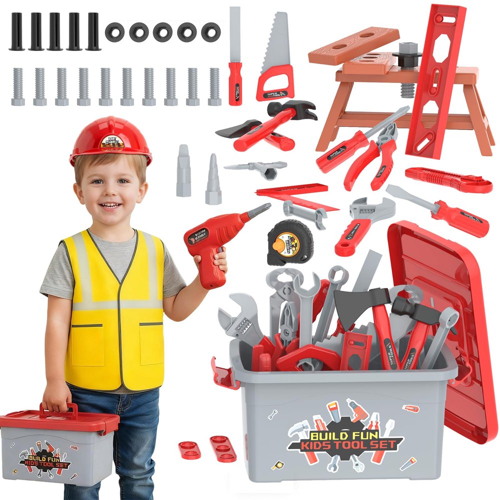 Fursnob 58-Piece Kids Tool Set with Realistic Power Toy Drill & Tool Box & DIY Stickers, Kids Construction Kits, STEM Pretend Play Boy Toys, for Toddlers Boy Ages 3-8