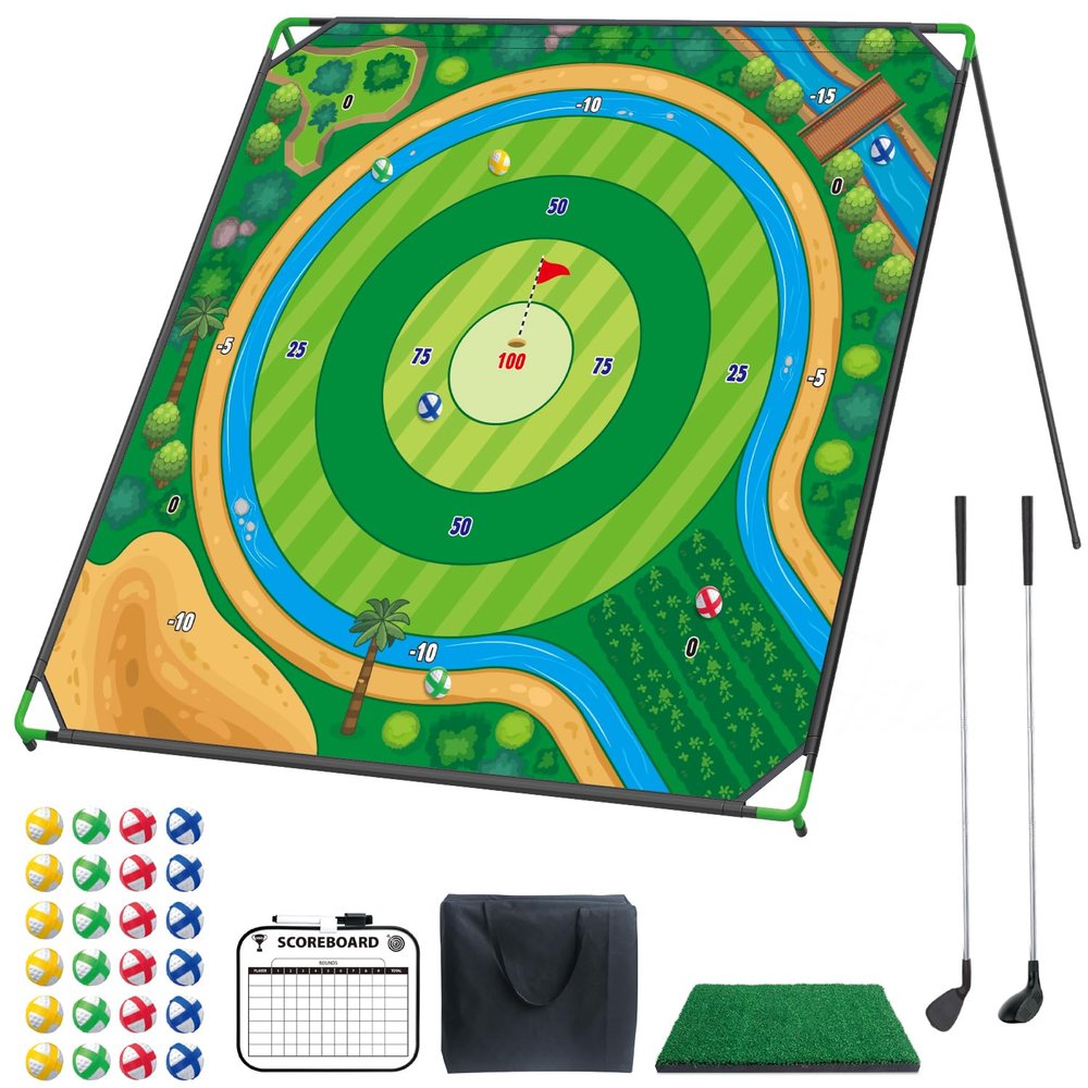 Mostop Large Golf Chipping Game Set, 70"x70" Large Chipping Mat with 20 Sticky Balls & 2 Adjustable Clubs, Indoor Outdoor Golf Practice for Backyard, Lawn, Yard Games Gift for Friends Family