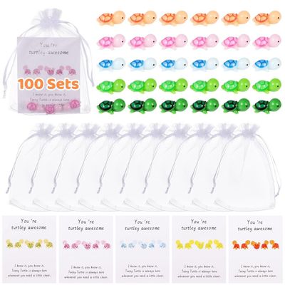 100 Count Motivational Turtle Gift Sets With Pocket Cards And Mesh Bags, Mini Figurines For Sharing Appreciation