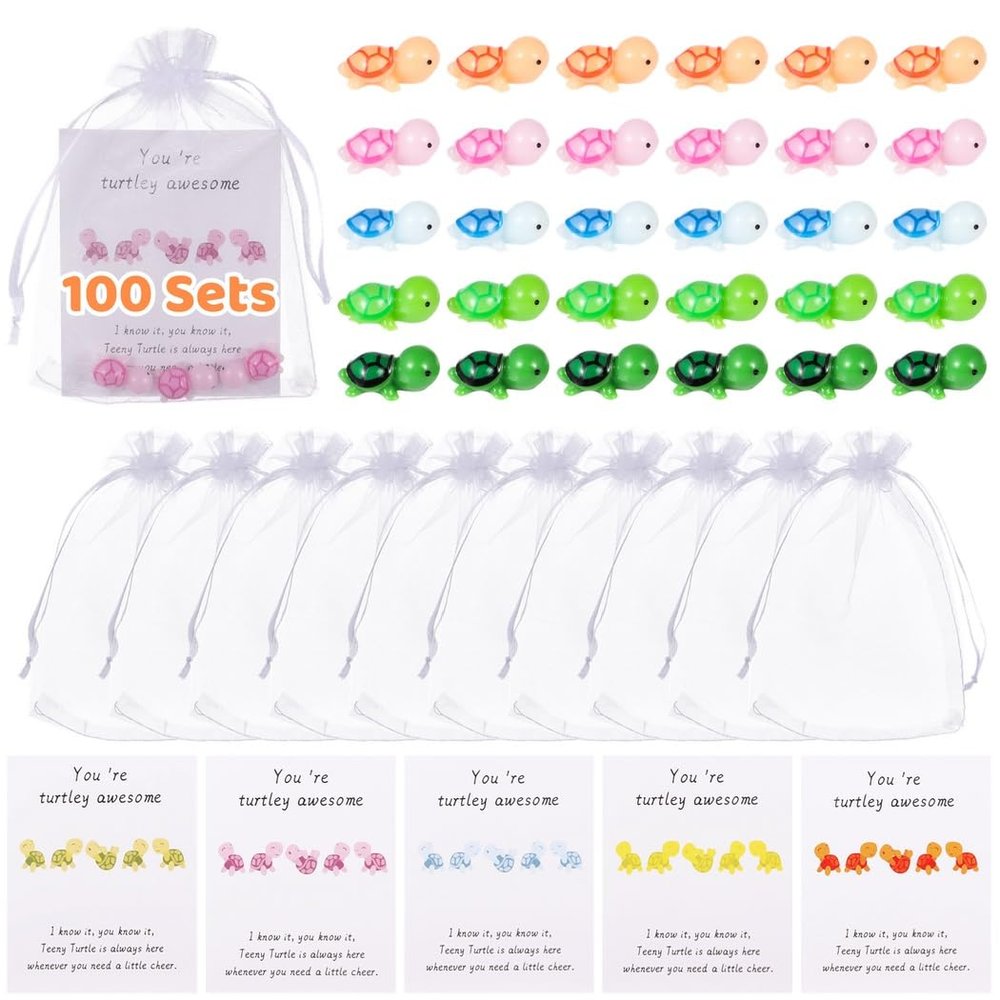 100 Count Motivational Turtle Gift Sets With Pocket Cards And Mesh Bags, Mini Figurines For Sharing Appreciation