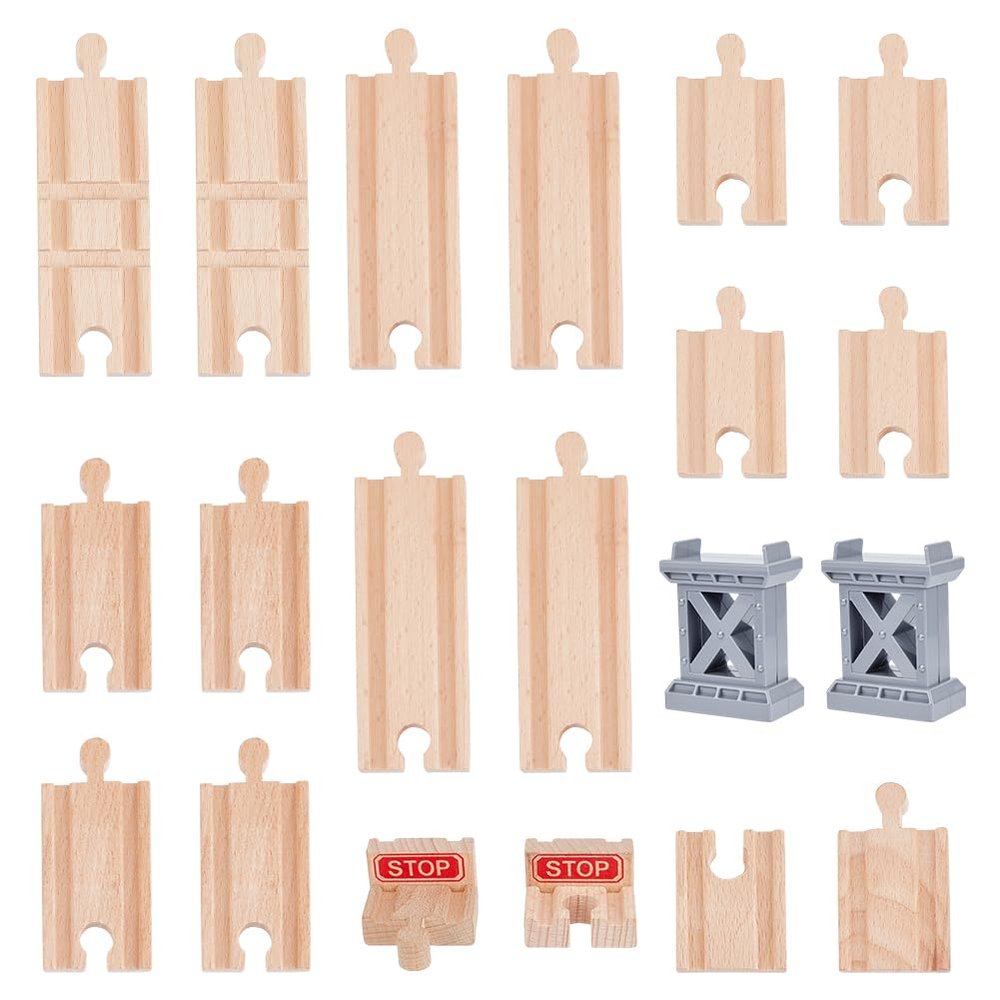 OLYCRAFT 20Pcs Wooden Train Track Railway Track Expansion Straight and Stop Trains Tracks Intersection Cross Tracks Gray Bridge Piers Compatible with Most Railway Trains for Table Activities Games