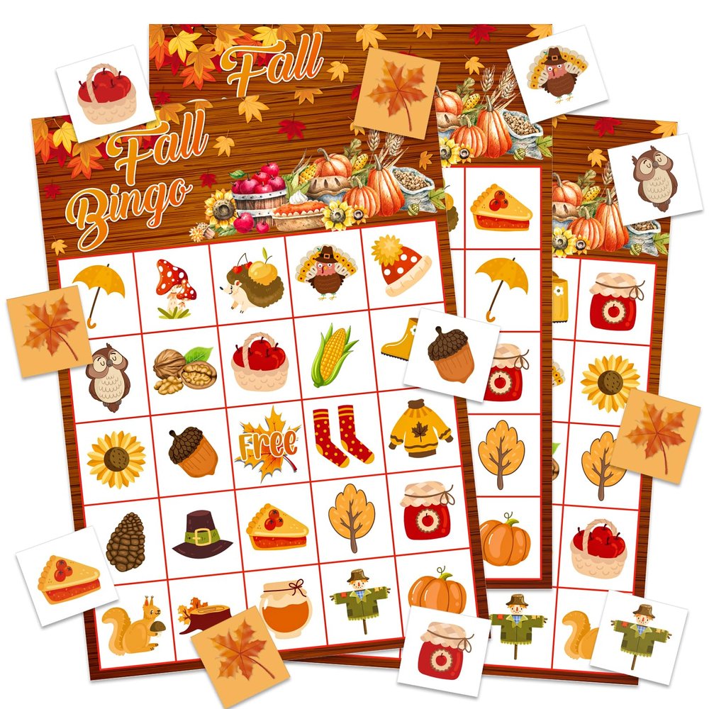 GMEMNOV Fall Bingo Game Cards - 24 Players Fall Festival Party Games Autumn Bingo Cards Thanksgiving Party Supplies for School Classroom Family Activities