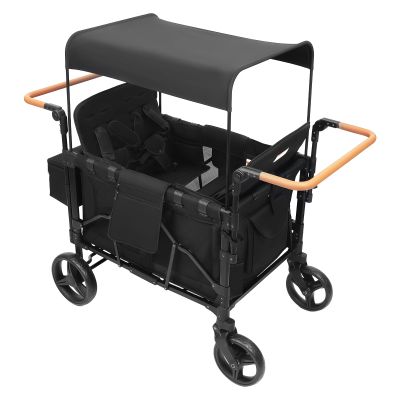 Stroller Wagon, 4 Seater Premium Stroller W-Agon, Adjustable & Folable Stroller Wagon with a Five-Point Safety Harness and 4 Wheels, Detachable Canopy, Double Push Bars, Mesh Sides, Black