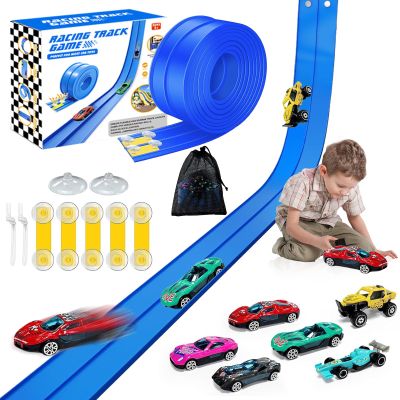 Flexible Race Tracks for Kids, 16Ft Flex Race Car Ramp Track Set with Hot Wheel Race Car Track & 16 Suction Cup Roll Up Track DIY Monster Truck Track Toys for Boys Girls Age 3+ Birthday Gift - Blue