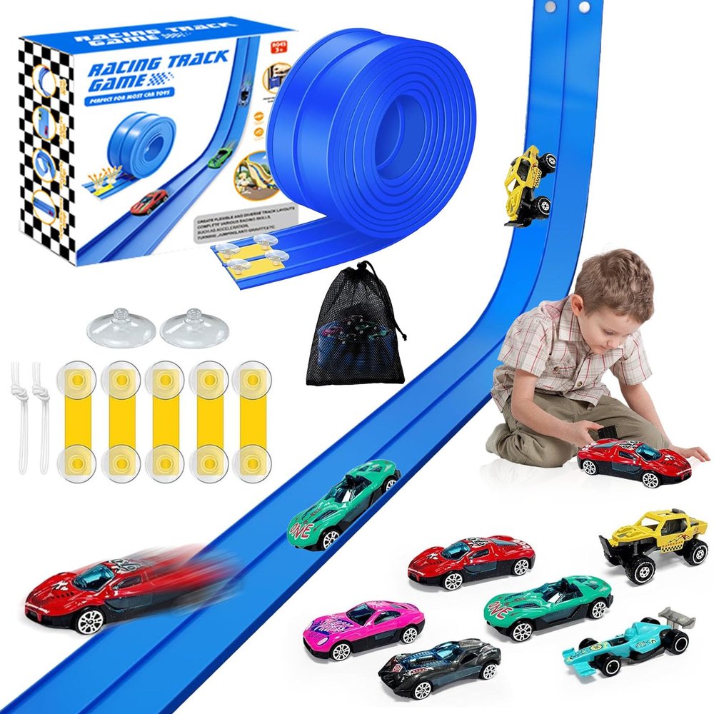 Flexible Race Tracks for Kids, 16Ft Flex Race Car Ramp Track Set with Hot Wheel Race Car Track & 16 Suction Cup Roll Up Track DIY Monster Truck Track Toys for Boys Girls Age 3+ Birthday Gift - Blue