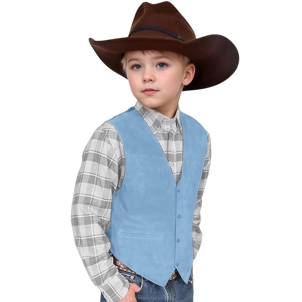 Retro Boys Western Vest for Toddler Kids Sky Blue Suede Cowboy Style Costume Vest Casual Waistcoat Size 2T