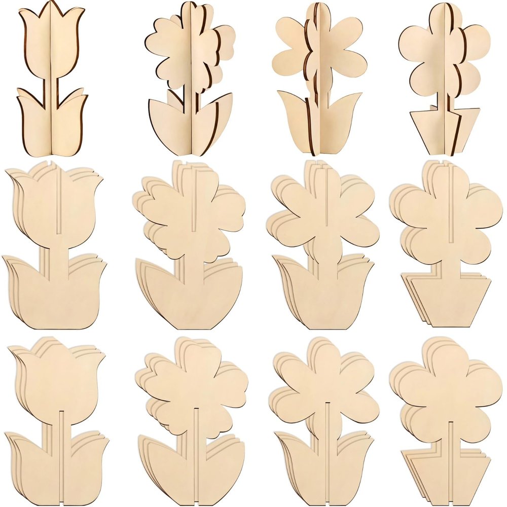 24 Pcs Wooden Flower Crafts Set for Spring, DIY Painting Ornaments for Kids, Three Flower Designs, Great for Creative Fun with Family