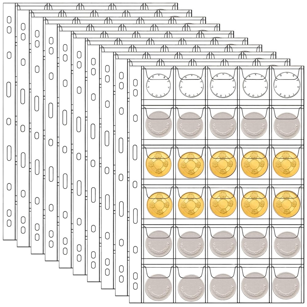 10 PVC Coin Pages for Collecting, 30-Pocket Binder Sheets, Fits 9-Hole Binders, Protects from Dust & Moisture