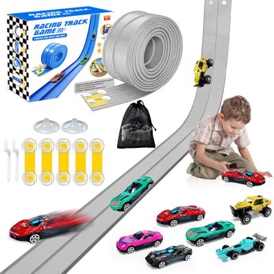Flexible Race Track for Kids, 16 Ft Flex Race Car Ramp Track with Racing Cars Track Toys Compatible with Diecast 1/64th Hot Wheel Cars Rolls up Portable Car Ramp Toys for Boys and Girls Ages 3+ - Gray