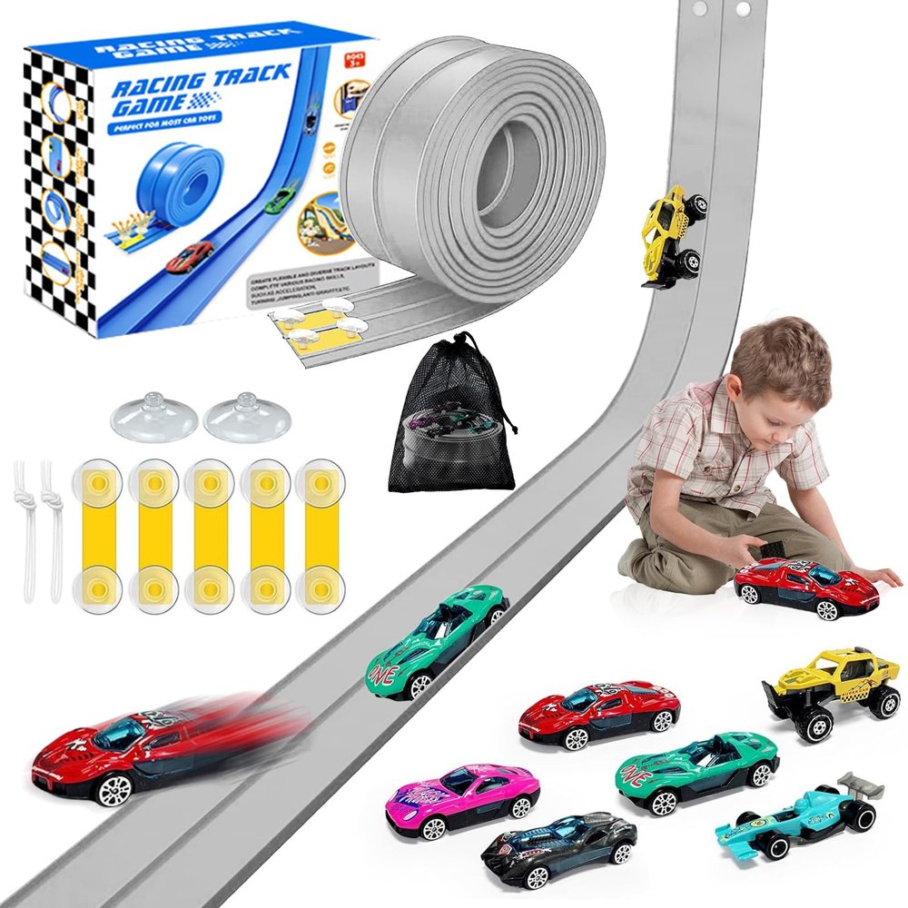 Flexible Race Track for Kids, 16 Ft Flex Race Car Ramp Track with Racing Cars Track Toys Compatible with Diecast 1/64th Hot Wheel Cars Rolls up Portable Car Ramp Toys for Boys and Girls Ages 3+ - Gray