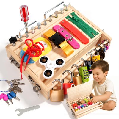 INIFEIDALA Montessori Wooden Busy Board - Fine Motor Skills Toys for 2-5 Year Old Boys Girls, Preschool STEM Life Skills Game, Latches Lock Key Sensory Toy, Screwdriver Board Set, Educational Gift