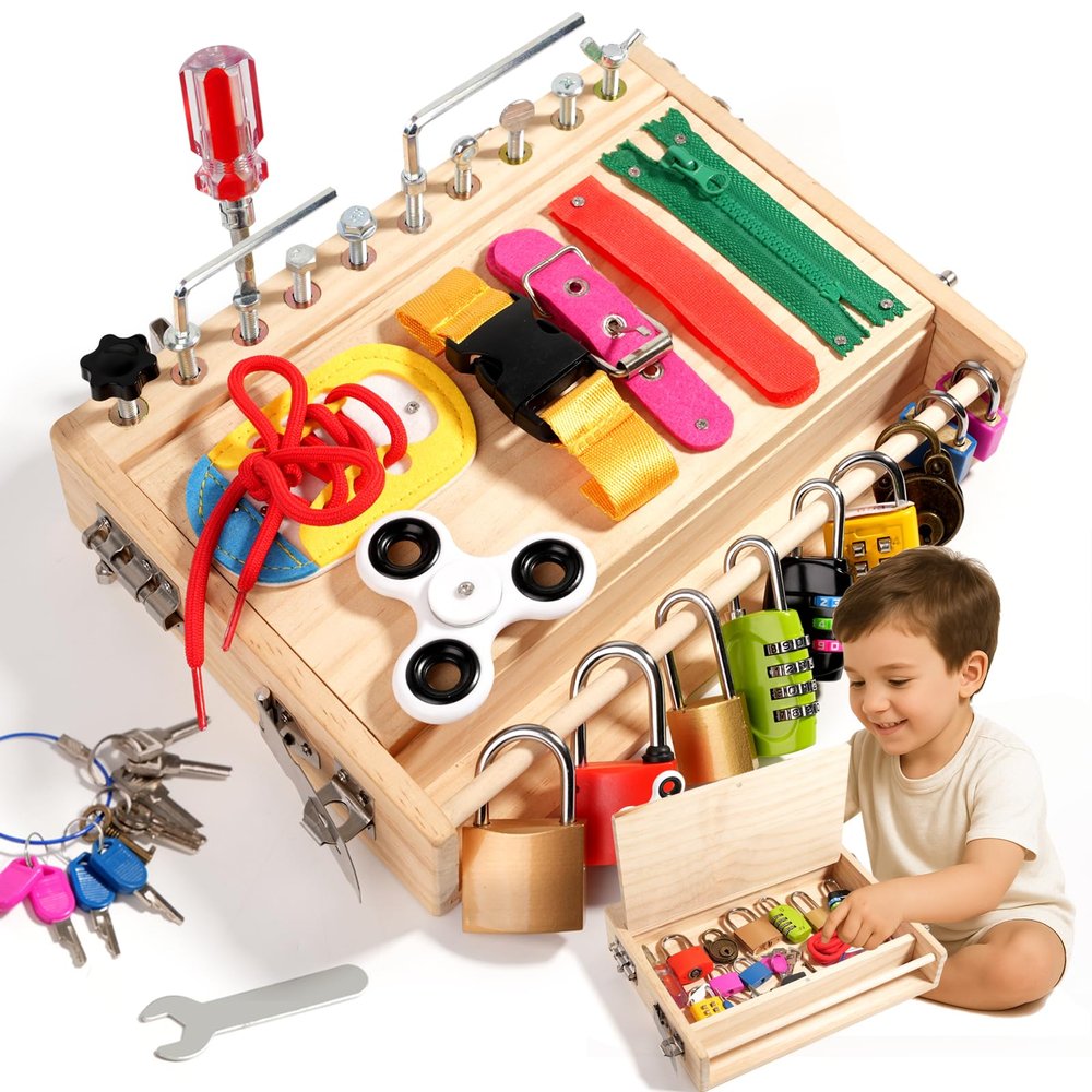 INIFEIDALA Montessori Wooden Busy Board - Fine Motor Skills Toys for 2-5 Year Old Boys Girls, Preschool STEM Life Skills Game, Latches Lock Key Sensory Toy, Screwdriver Board Set, Educational Gift