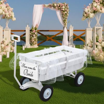 Datanly 4 Pcs All-Terrain Wedding Wagon Set Includes 39x17x32 Inch Heavy Duty White Flower Girls Wagon Cart Here Comes The Bride Sign White Tulle Plush Pad for Wedding Reception