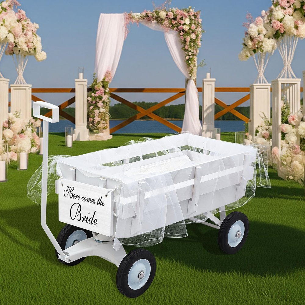 Datanly 4 Pcs All-Terrain Wedding Wagon Set Includes 39x17x32 Inch Heavy Duty White Flower Girls Wagon Cart Here Comes The Bride Sign White Tulle Plush Pad for Wedding Reception