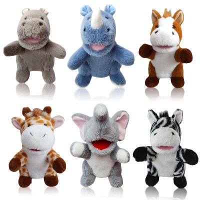 6 Pcs Animal Hand Puppets for Kids - 10 Inches Soft Plush with Movable Mouth, Interactive for Toddler Hands, Including Grassland Animals, Imaginative Role Play, Storytelling, Birthday & Easter Gifts