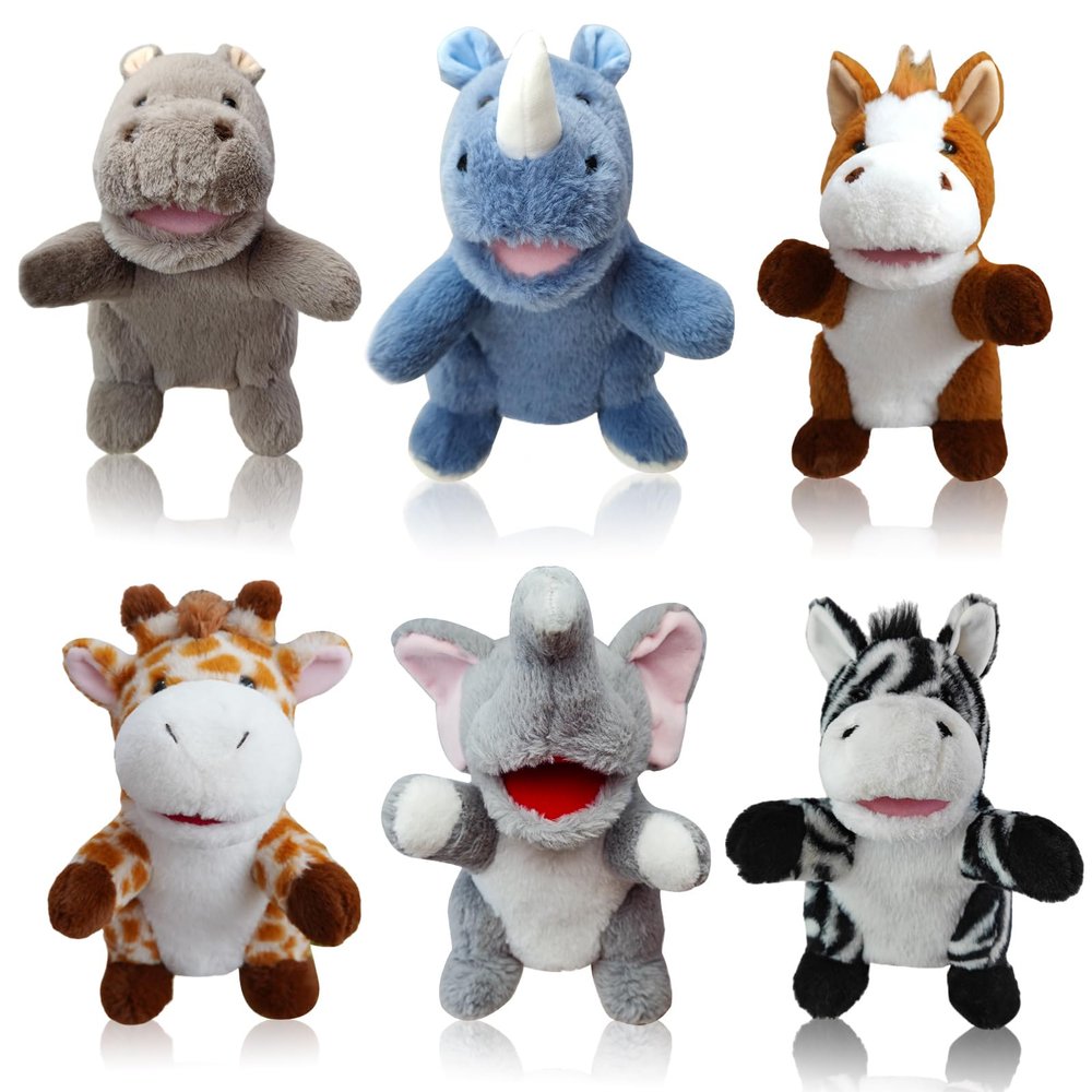 6 Pcs Animal Hand Puppets for Kids - 10 Inches Soft Plush with Movable Mouth, Interactive for Toddler Hands, Including Grassland Animals, Imaginative Role Play, Storytelling, Birthday & Easter Gifts