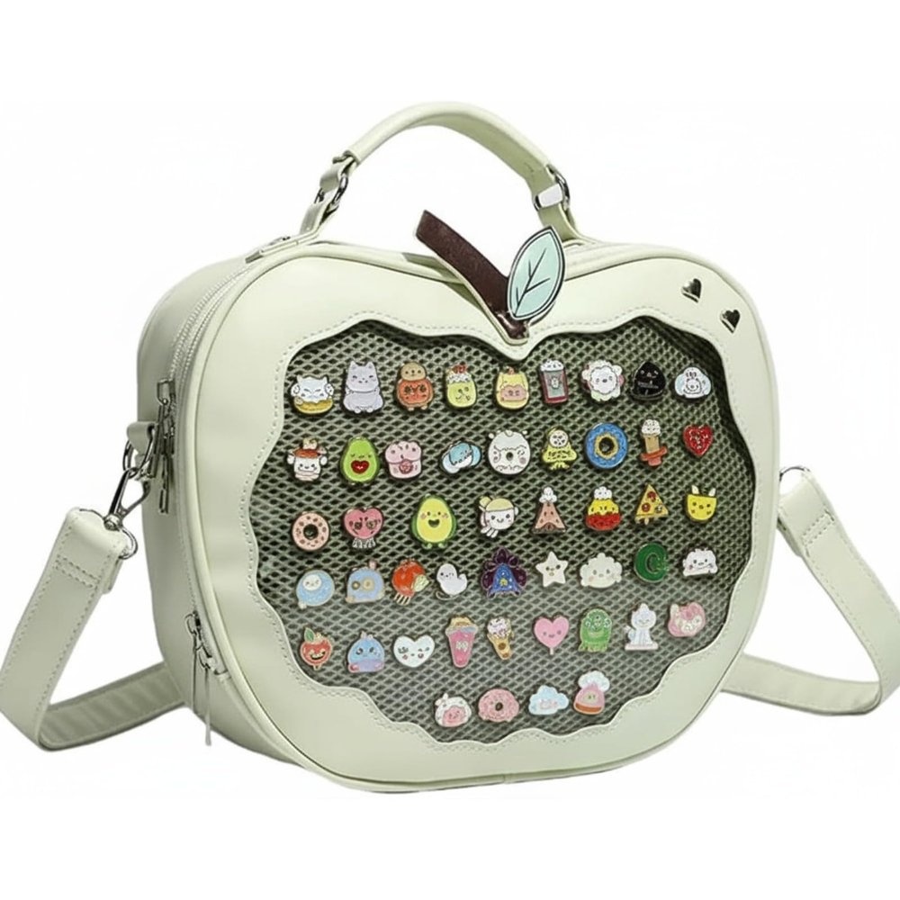 Yoelir Ita Bag for Kawaii Pin Display Apple-Shaped Backpack Cute Waterproof Leather Clear Panel Transparent Pocket Bag (Green)