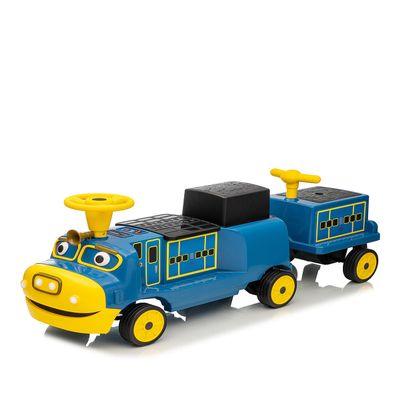 12V Ride on Train Trackless,Licensed by CHUGGINGTON Kids Train Include 1 Locomotive and 1 Carriage w/Height-Adjustable Seat, Extra Storage, Headlight,Hork,One-Button for Kids(Blue,Brewster)