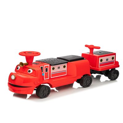 12V Ride on Train Trackless,Licensed by CHUGGINGTON Kids Train Include 1 Locomotive and 1 Carriage w/Height-Adjustable Seat, Extra Storage, Headlight,Hork,One-Button for Kids(Red,Wilson)
