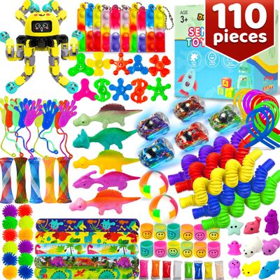 110PC Party Favors Fidget Toys Bulk for Kids Classroom, Goodies Bag Carnival Prizes Treasure Box for Age 5-7, 8-12, Calm Down ADHD Sensory Autism Autistic Christmas Stocking Stuffers Gift for Kid Boys