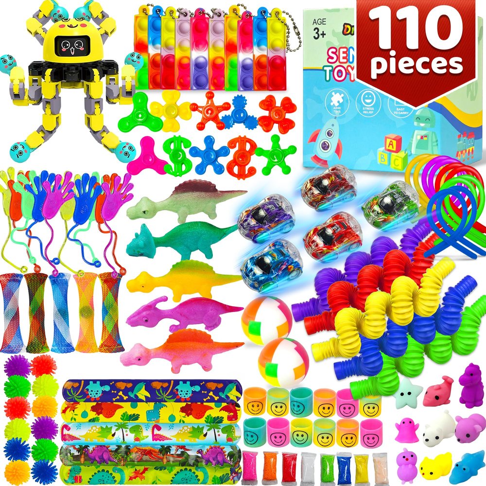 110PC Party Favors Fidget Toys Bulk for Kids Classroom, Goodies Bag Carnival Prizes Treasure Box for Age 5-7, 8-12, Calm Down ADHD Sensory Autism Autistic Christmas Stocking Stuffers Gift for Kid Boys