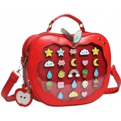 Yoelir Ita Bag for Kawaii Pin Display Apple-Shaped Backpack Cute Waterproof Leather Clear Panel Transparent Pocket Bag (Red)