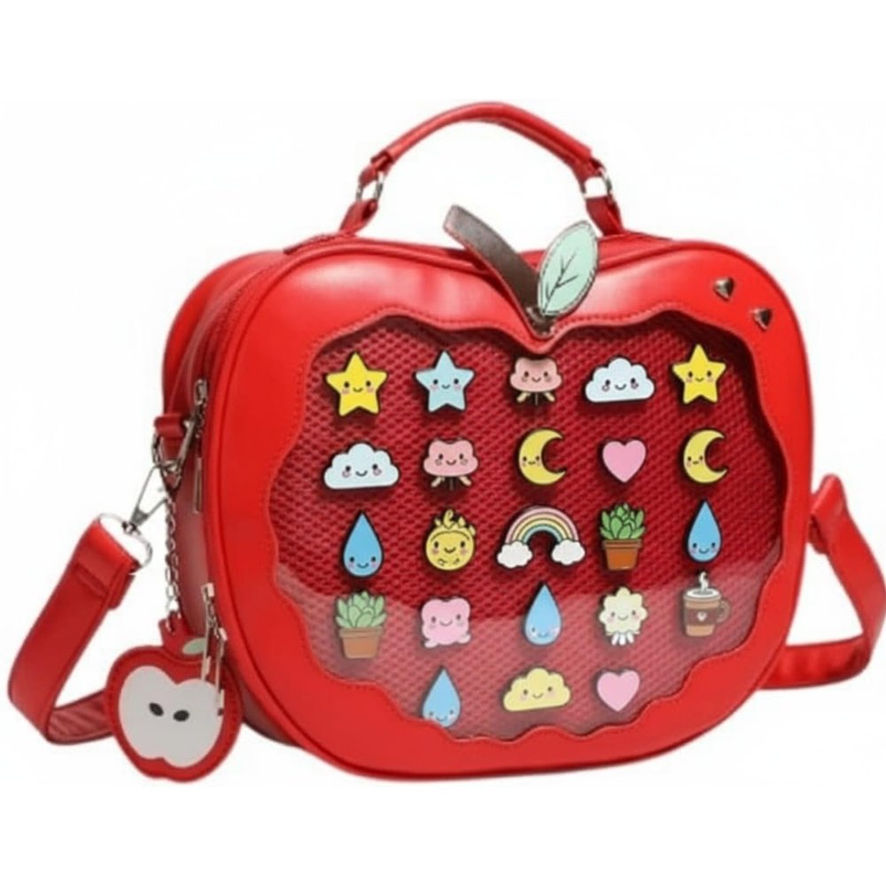 Yoelir Ita Bag for Kawaii Pin Display Apple-Shaped Backpack Cute Waterproof Leather Clear Panel Transparent Pocket Bag (Red)