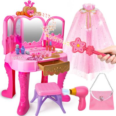 Toddler Vanity Magic Makeup Set Table and Chair Girl Toy Automatically Mirror with Music Light Pink Toys Girls Hair Salon Pretend Play Princess Dress Up Playset Gift Toddler