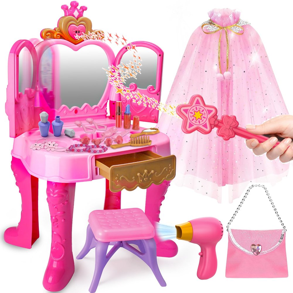 Toddler Vanity Magic Makeup Set Table and Chair Girl Toy Automatically Mirror with Music Light Pink Toys Girls Hair Salon Pretend Play Princess Dress Up Playset Gift Toddler