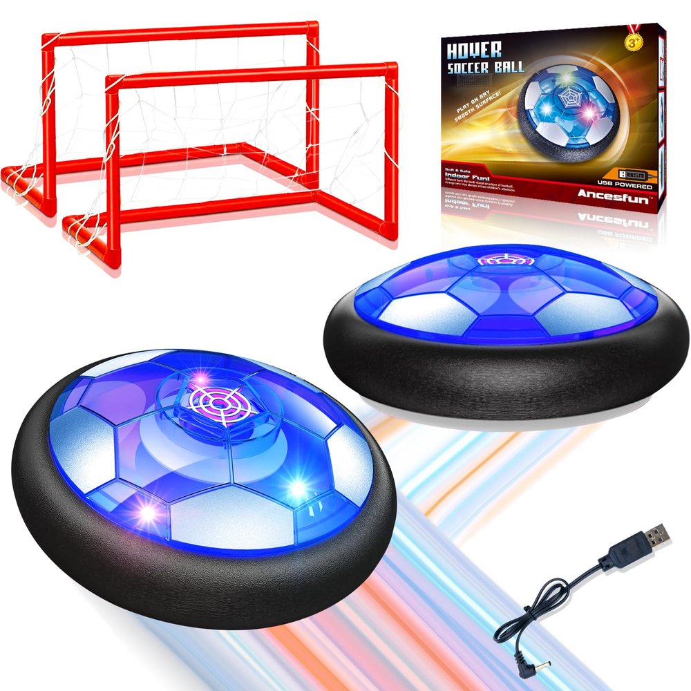 2 Pack Hover Soccer Ball Set with 2 Goals - Rechargeable LED Air Power Football, Indoor/Outdoor Floating Hover Ball Toy, USB Charging Soccer Gifts for Boys & Girls Ages 3-12, Birthday/Holiday Presents