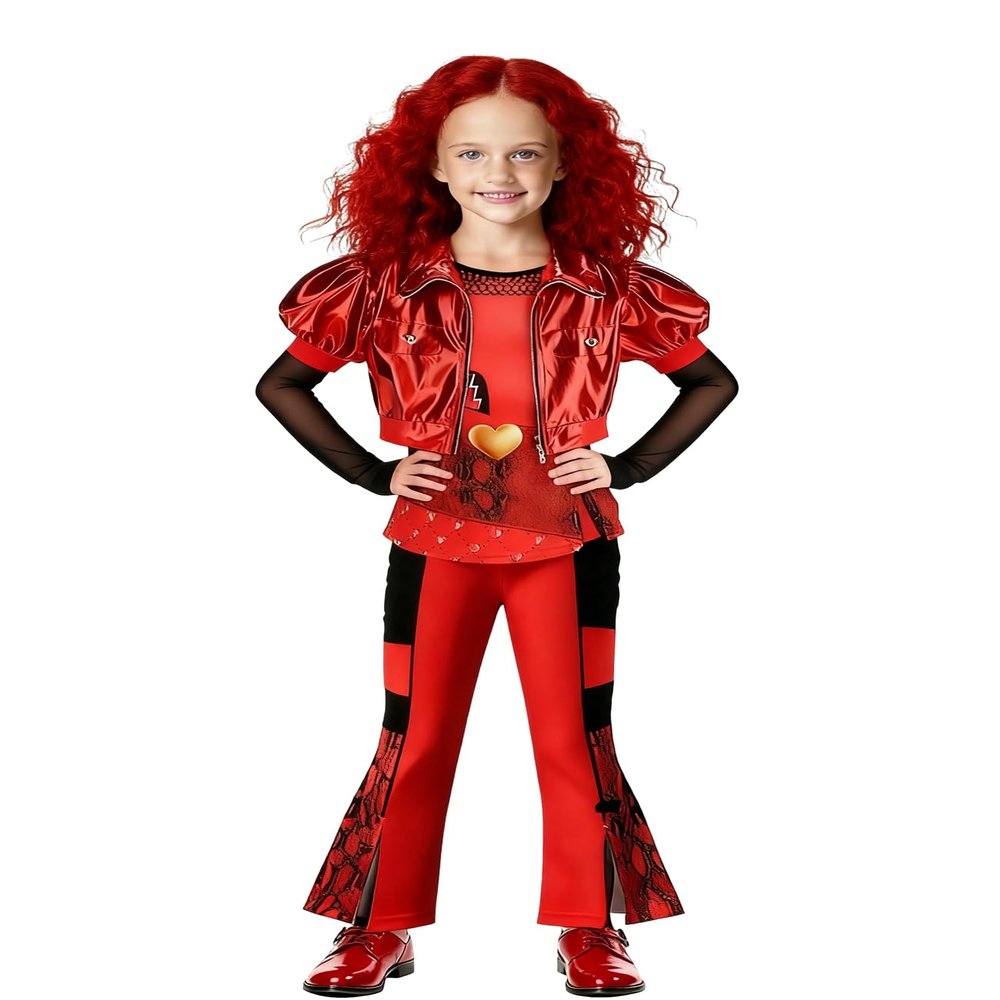 ACLGCSU Red Costume for Girls, 4PCS Kids Rise of Red Costume Halloween Cosplay Party (with Wig)