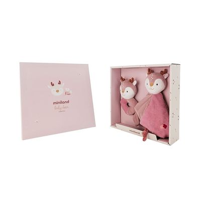 Miniland Newborn Baby Gift Pack | Doudou and Sensory Rattle Set | Soft and Safe Comfort Toy, 100% Washable | Ideal for Baby Shower Gifts | 0 Months | Pink | Deer