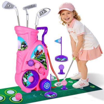 Beautiq Toddler Golf Set with Shoulder Strap for Kids Ages 2-5, Portable Golf Clubs, Cart & Putting Mat - Indoor Outdoor Sports Toys -Pink