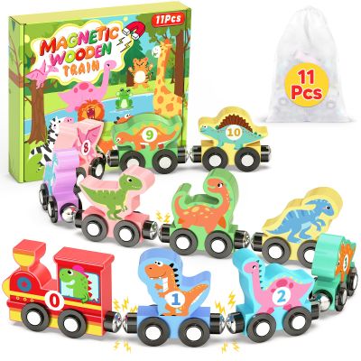 11 Pcs Magnetic Dinosaur Train Set Montessori Toys for 1 2 3 Years Old Toddlers Boys Girls, Wooden Dinosaur Preschool Learning Easter Basket Stuffers Sensory Toys Birthday Gifts Ages 1-3, 2-4