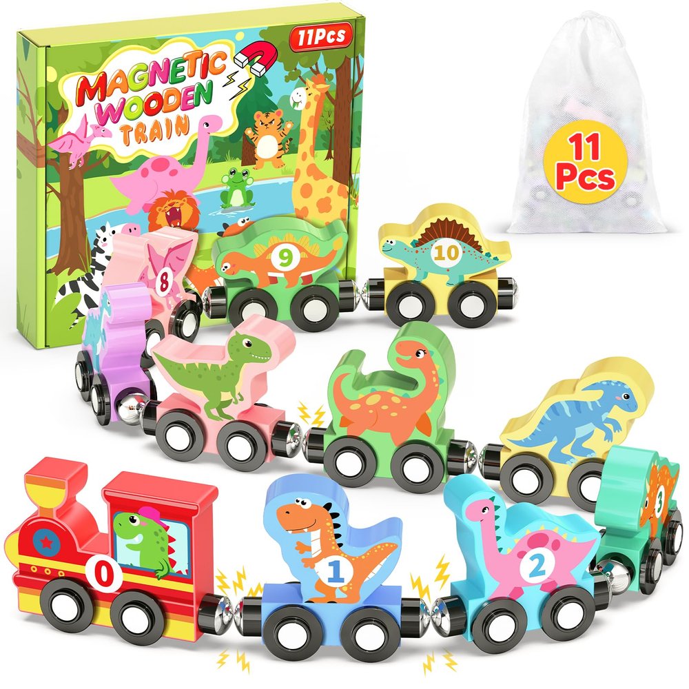 11 Pcs Magnetic Dinosaur Train Set Montessori Toys for 1 2 3 Years Old Toddlers Boys Girls, Wooden Dinosaur Preschool Learning Easter Basket Stuffers Sensory Toys Birthday Gifts Ages 1-3, 2-4