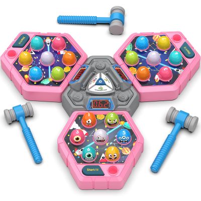 TooLion 3-Player Whack Game Mole for Kids 3-12 Boys Girls - 3 Independent Game Boards,3 Modes with Sound & Light,Safe Educational Pounding Toy,Christmas Birthday Gift for Multi-Kid Families,Pink