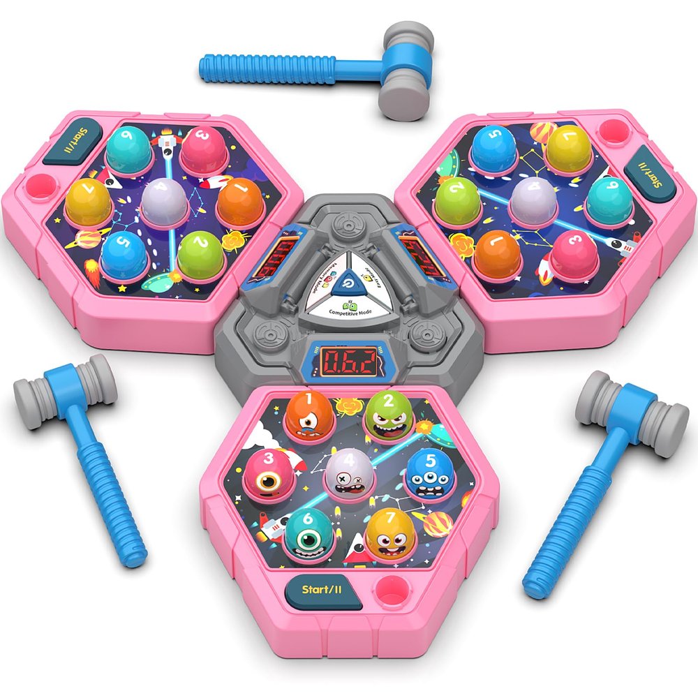 TooLion 3-Player Whack Game Mole for Kids 3-12 Boys Girls - 3 Independent Game Boards,3 Modes with Sound & Light,Safe Educational Pounding Toy,Christmas Birthday Gift for Multi-Kid Families,Pink