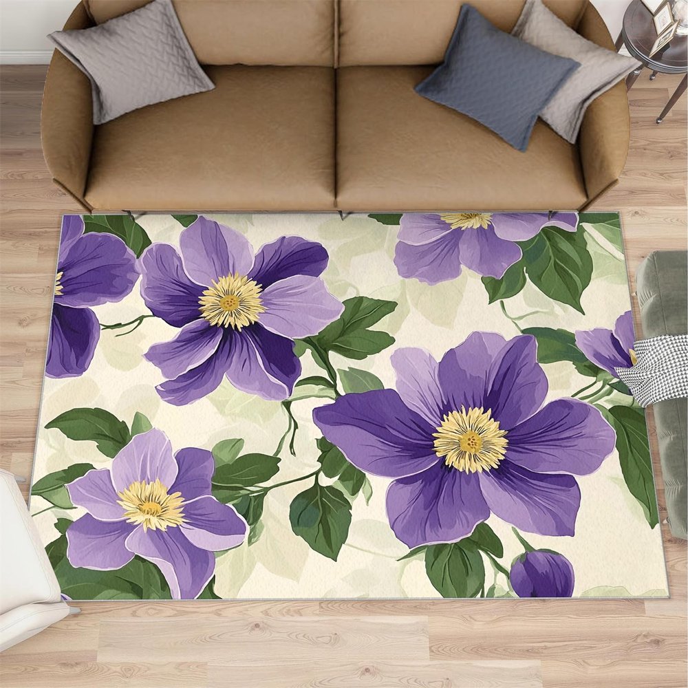 Retro Floral Area Rugs 4x5 - Rustic Flowers Rug for Entryway, Purple Floral Washable Entry Way Rugs Kids Carpet for Inside House Playroom Living Room End Table Nursery