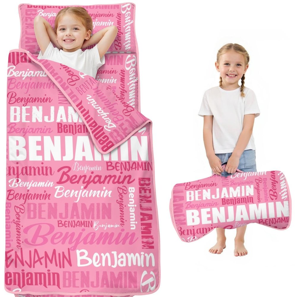 Personalized Toddler Nap Mat with Name Custom Monogrammed Sleeping Bag with Pillow & Blanket for Kids Soft, Roll Up Portable Nap Mats for Daycare, Preschool & Kindergarten