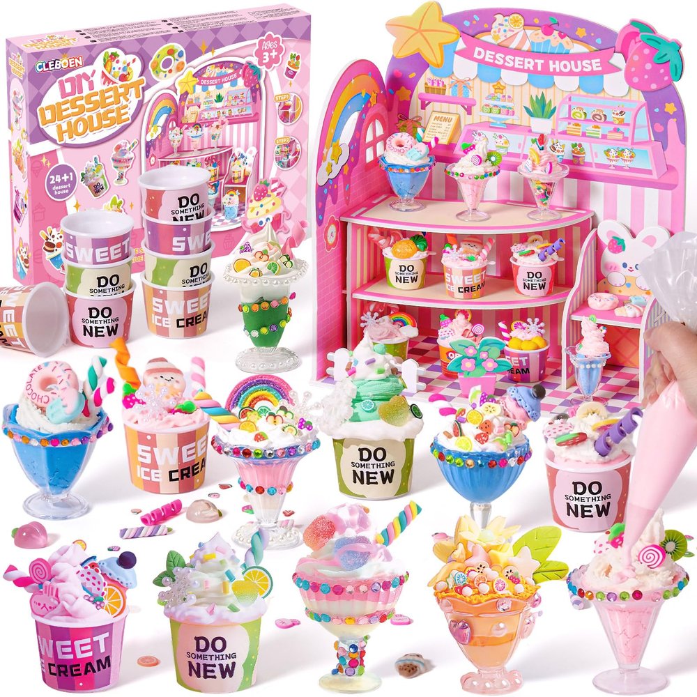 Cleboen Mini Dessert House DIY Toy Set, Making 24 Miniature Food Desserts, Resin & Clay Kitchen Play Food DIY Craft Kit for Kids Aged 8+, Ideal Girls Gift for Birthday Christmas, Not Edible