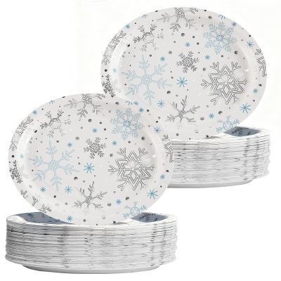100Pcs Large Christmas Oval Paper Plates, 12"x10" Blue Silver Snowflake Dinner Plates Heavy Duty Disposable Dinnerware Set for Xmas Winter Wonderland Holiday Party Supplies Kitchen Table Decor