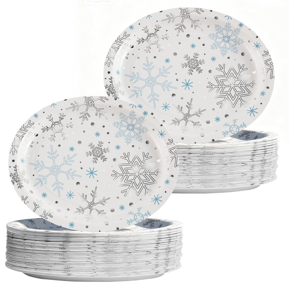 100Pcs Large Christmas Oval Paper Plates, 12"x10" Blue Silver Snowflake Dinner Plates Heavy Duty Disposable Dinnerware Set for Xmas Winter Wonderland Holiday Party Supplies Kitchen Table Decor