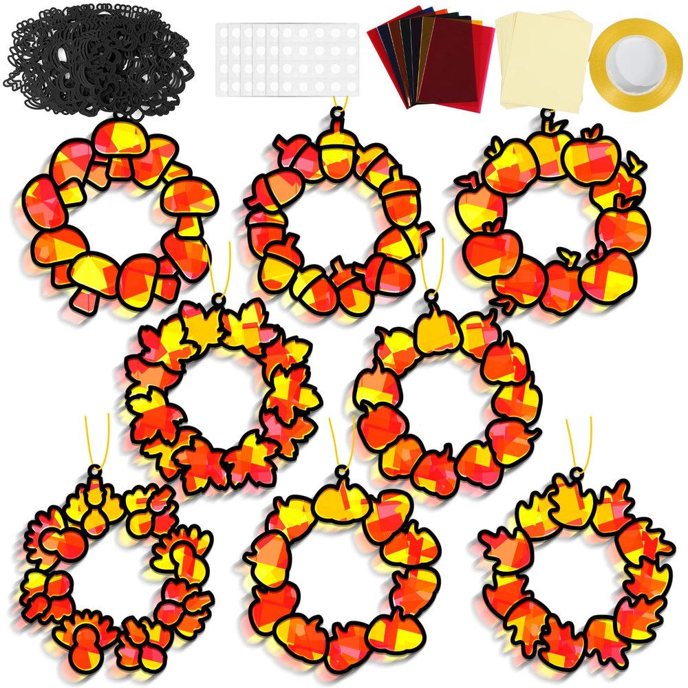 32 Sets Fall Thanksgiving Wreath Suncatchers Craft Kit DIY Window Stained Glass Effect autumn Wreath Paper Crafts Home School Classroom Decoration Kid Birthday Gift Creative Art Project Activity Game